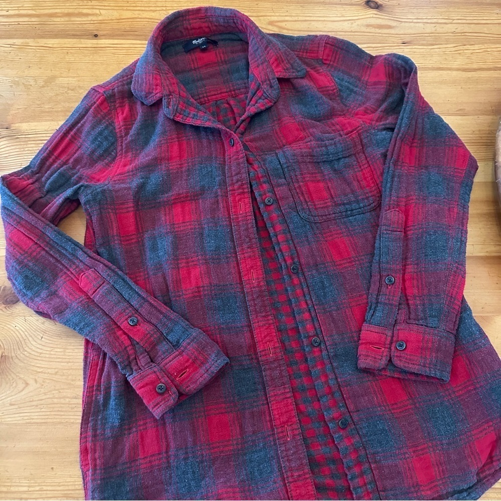 Madewell red gray flannel button down with pockets women XS Cotton